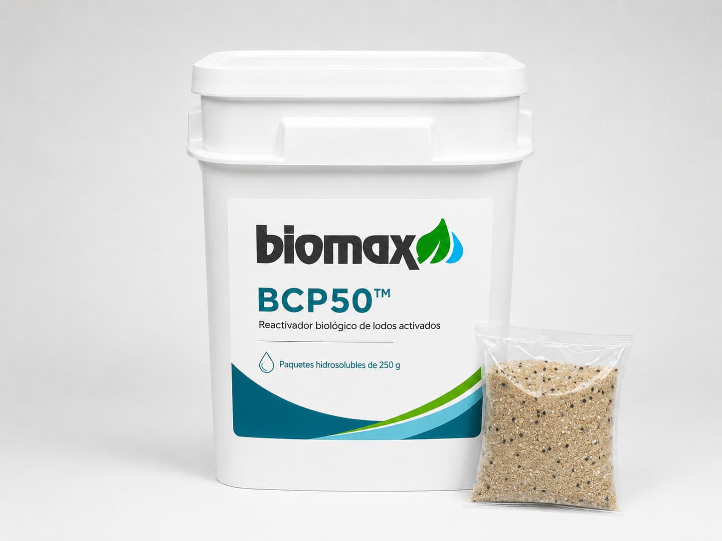 Envase de BCP50 con la etiqueta Biomax.