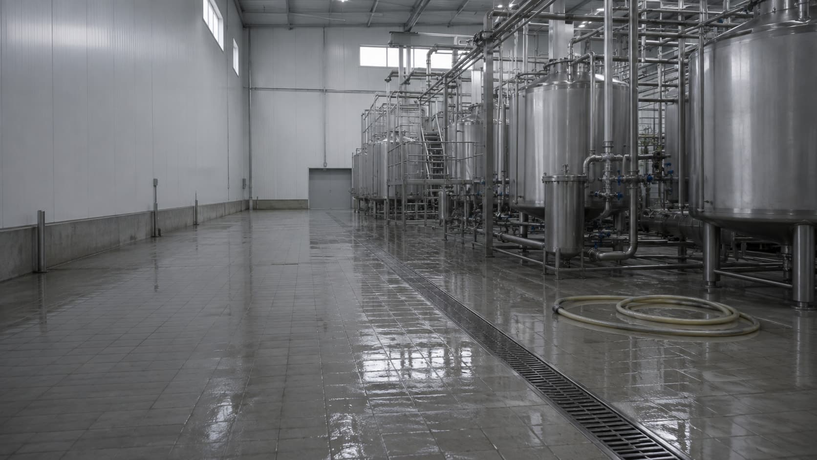 Interior de una planta de alimentos, con superficies de acero inoxidable y piso húmedo tras el lavado.
