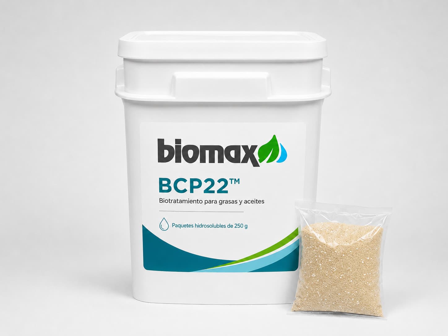 Envase de BCP22 con la etiqueta Biomax.