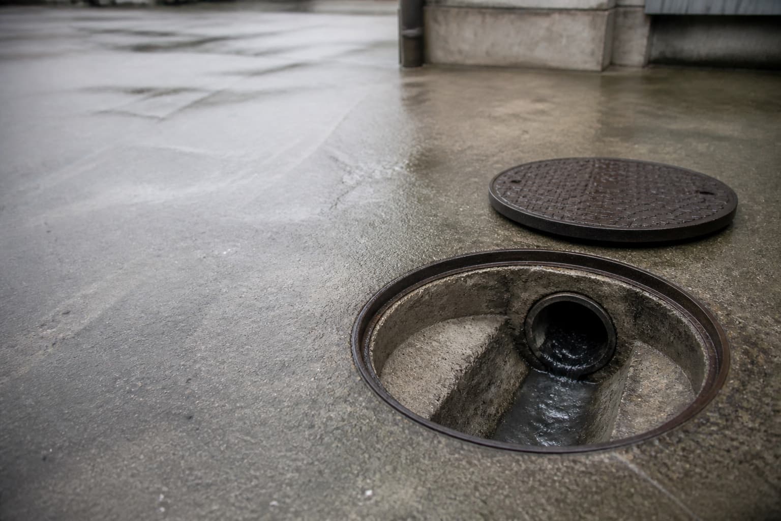 Cámara de alcantarillado abierta en el pavimento, con la tapa de fierro a un lado y el agua corriendo por la canaleta