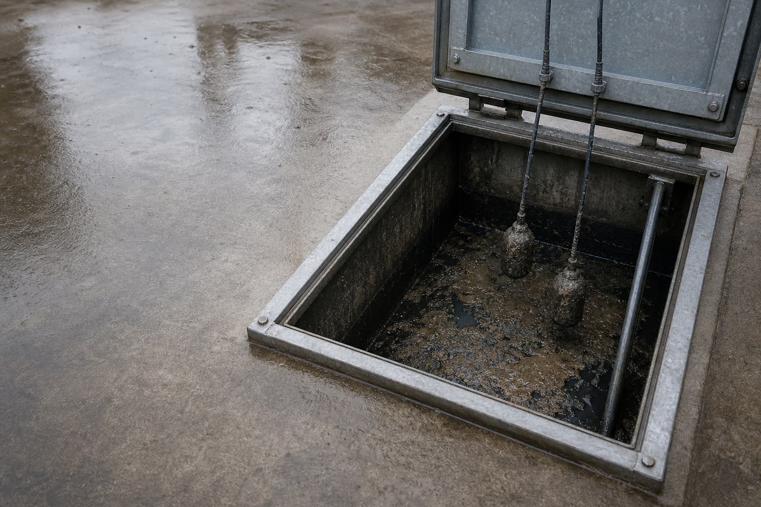 Cámara de bombeo abierta, con dos flotadores de nivel colgando sobre el agua cubierta de grasa