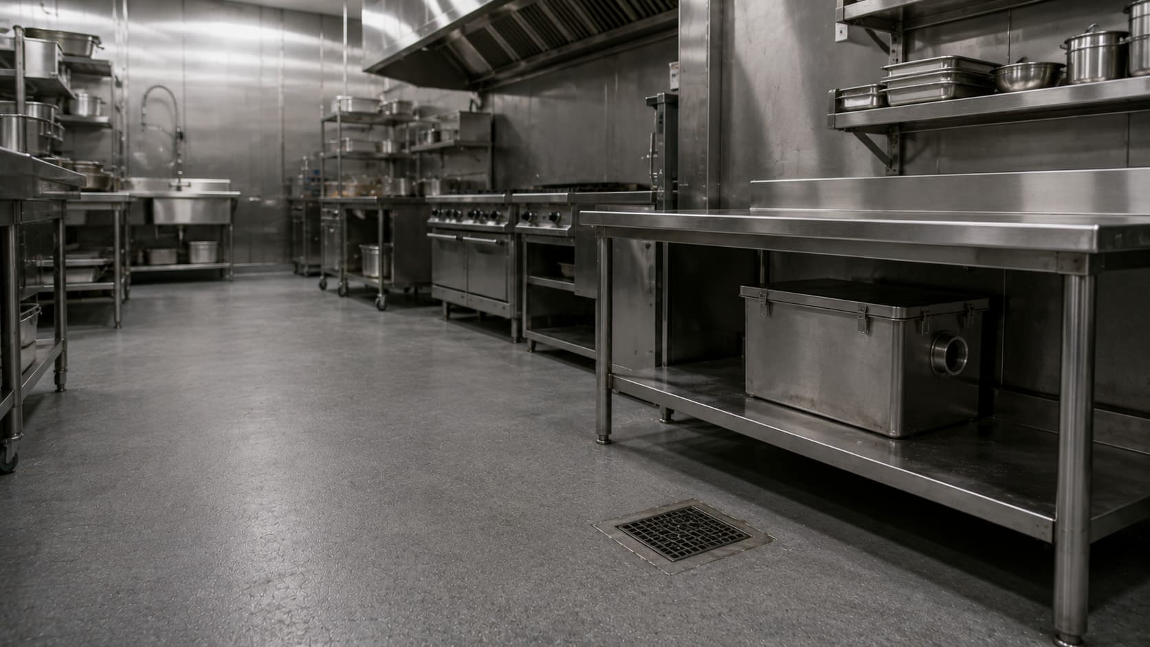 Trampa de grasa bajo el mesón de una cocina industrial de acero inoxidable.