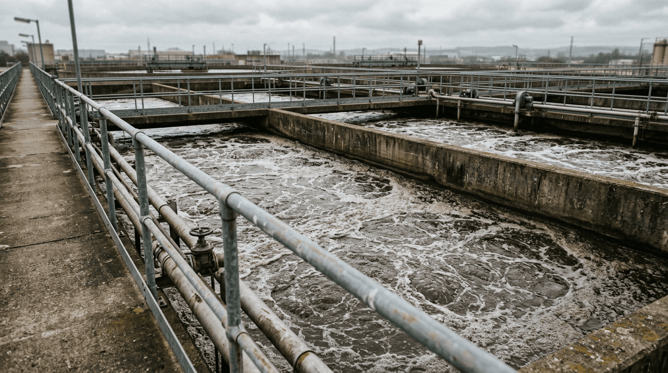 Estanque de aireación de una planta de tratamiento de aguas residuales industriales, con superficie turbulenta y pasarelas metálicas.