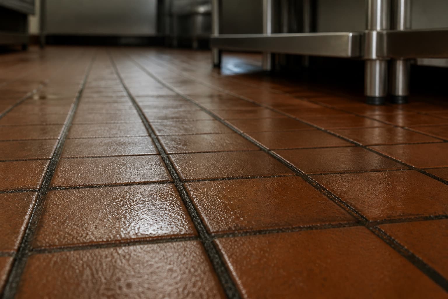 Piso de gres de una cocina industrial visto a ras del suelo, con las juntas de fragüe oscurecidas