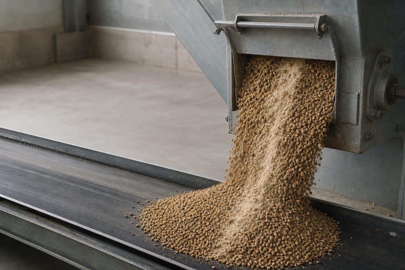 Pellets de alimento balanceado cayendo desde la tolva de la mezcladora sobre la cinta transportadora