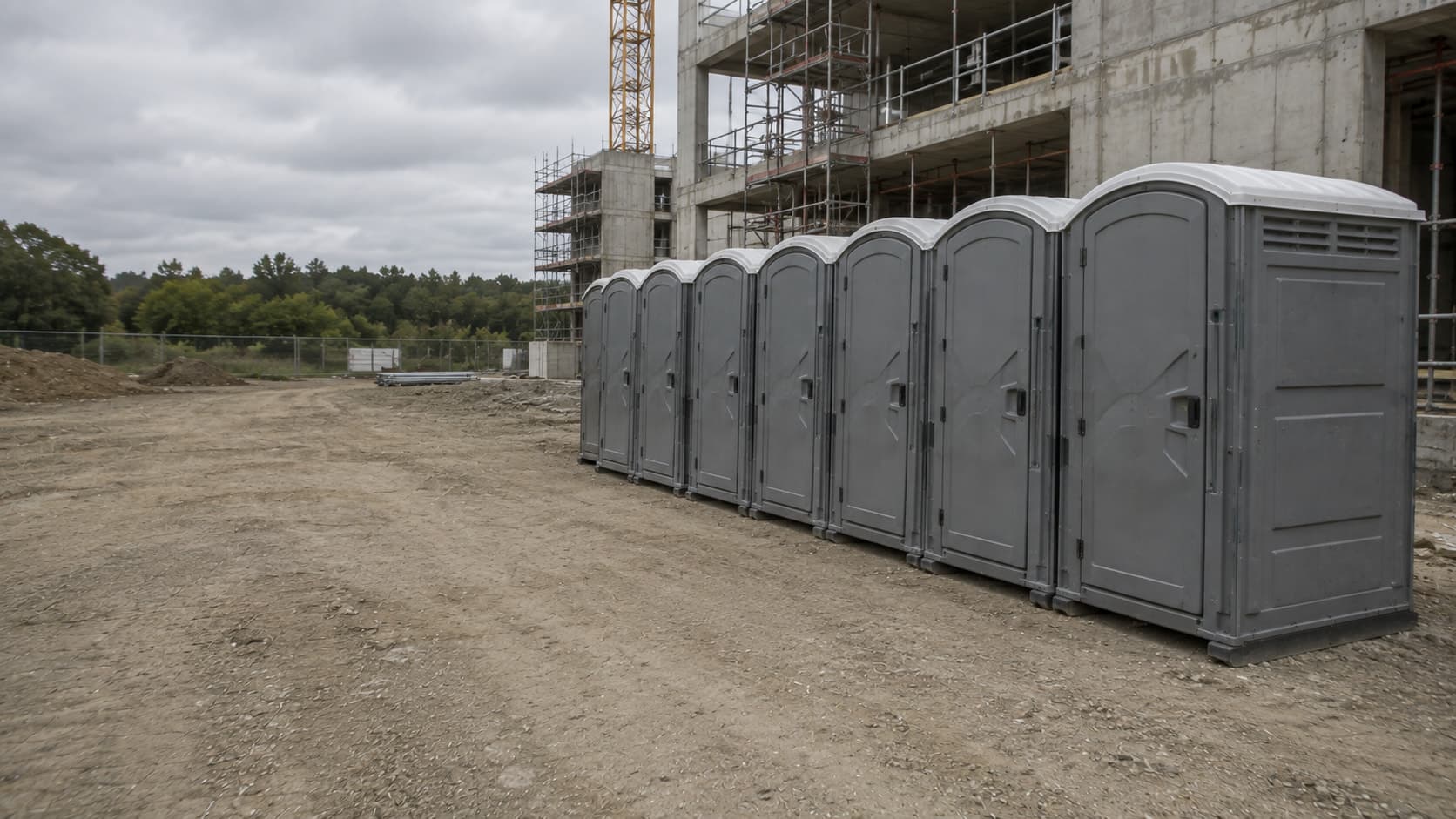 Fila de baños químicos portátiles en una faena de construcción.