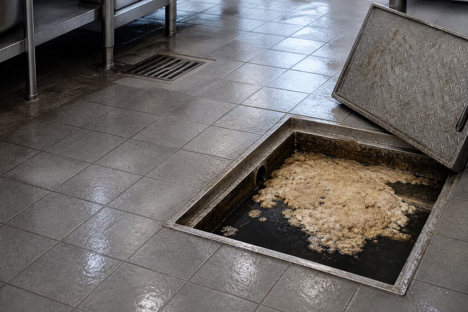 Trampa de grasa abierta en el piso de una cocina industrial, con la capa de grasa acumulada sobre el agua