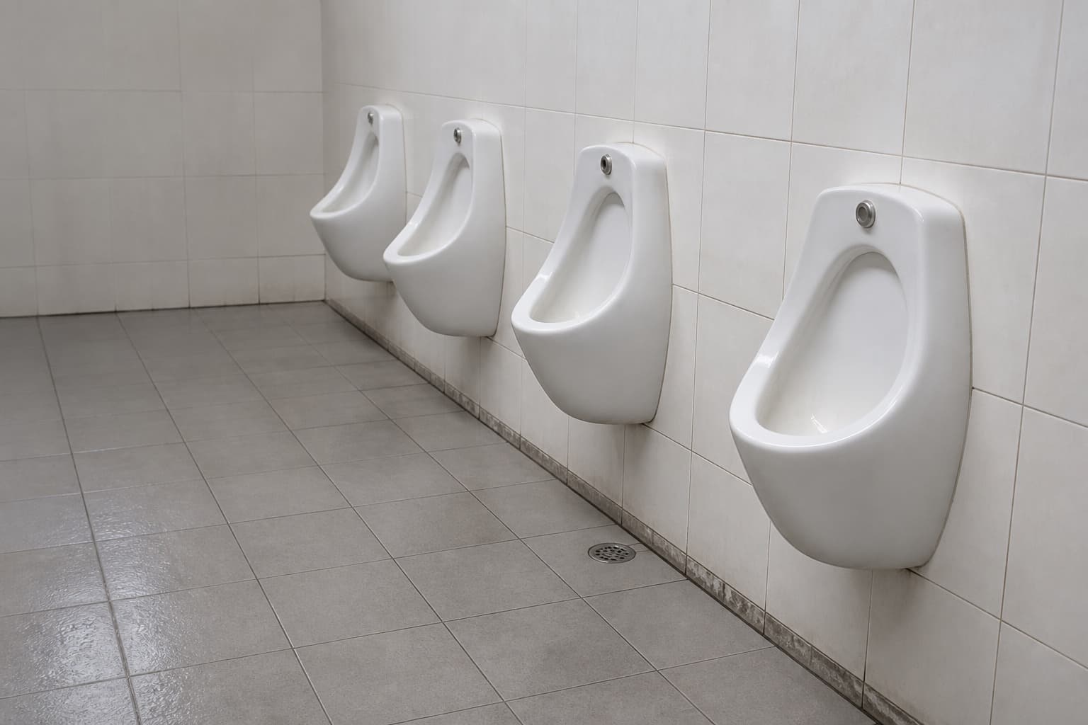 Fila de cuatro urinarios de loza blanca en un baño de cerámica, con el desagüe del piso al pie de la pared