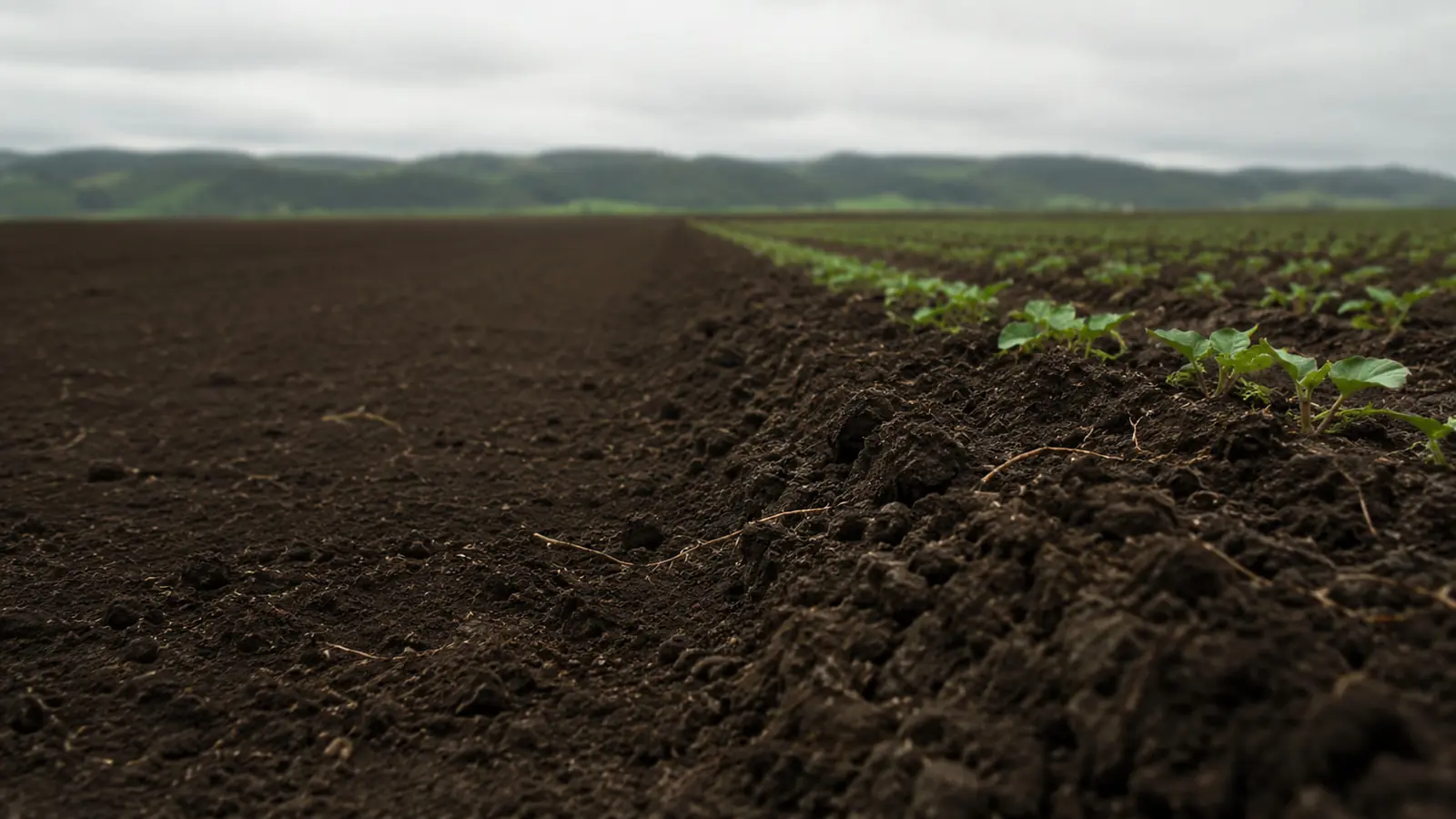 Suelo agrícola recién trabajado, con estructura de migas y las hileras del cultivo al fondo